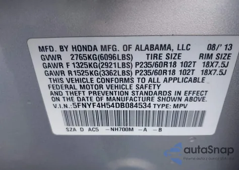 2013 Honda Pilot Ex-L из США, поврежденный, VIN 5FNYF4H54DB084534